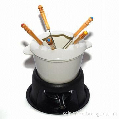 Cast iron enamel fondue set, 1 support stand, 6-piece forks,1-piece burner
